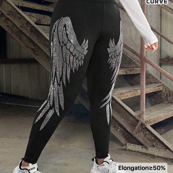 Pants - Plus Size Black Leggings with Silver Wing Print